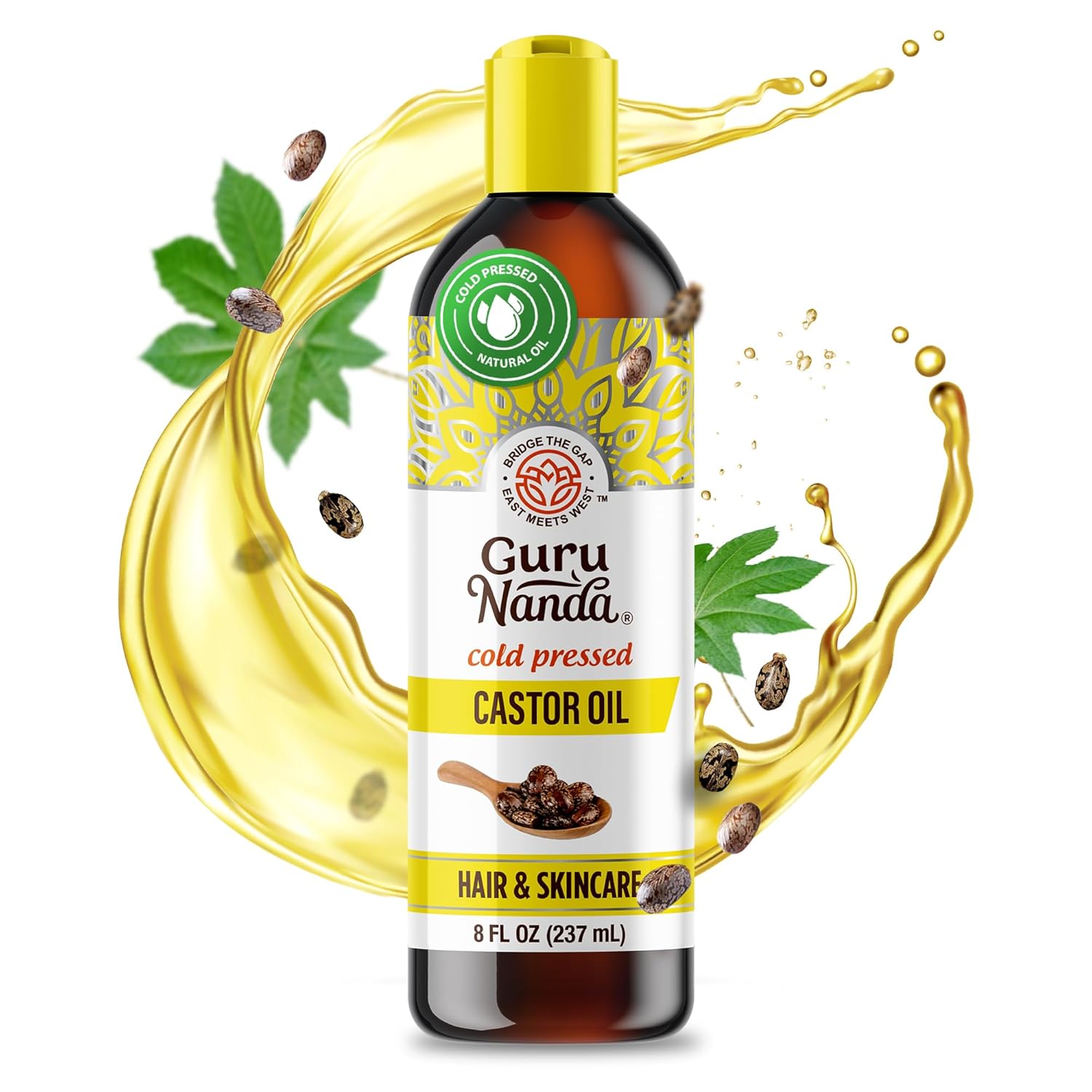 Gurunanda Castor Oil (8 Fl Oz), 100% Pure, Cold Pressed & Hexane-Free, Hydrating Carrier Oil, Natural Castor Oil For Hair, Eyebrows & Eyelashes Growth