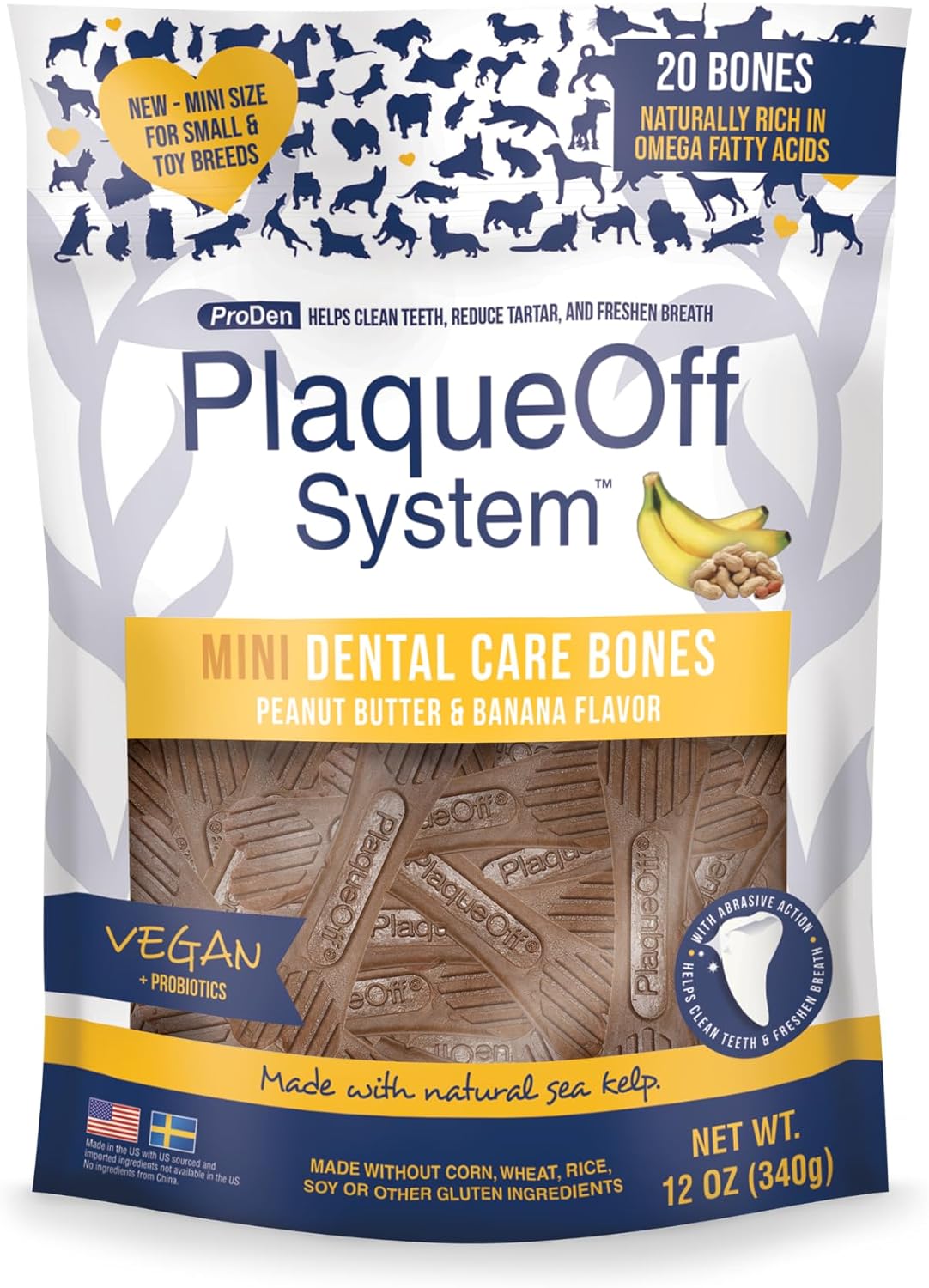 ProDen PlaqueOff Mini Dental Bones Peanut Butter & Banana (20 Pack - 340 g) for Small and Toy Dogs?PDDCB8