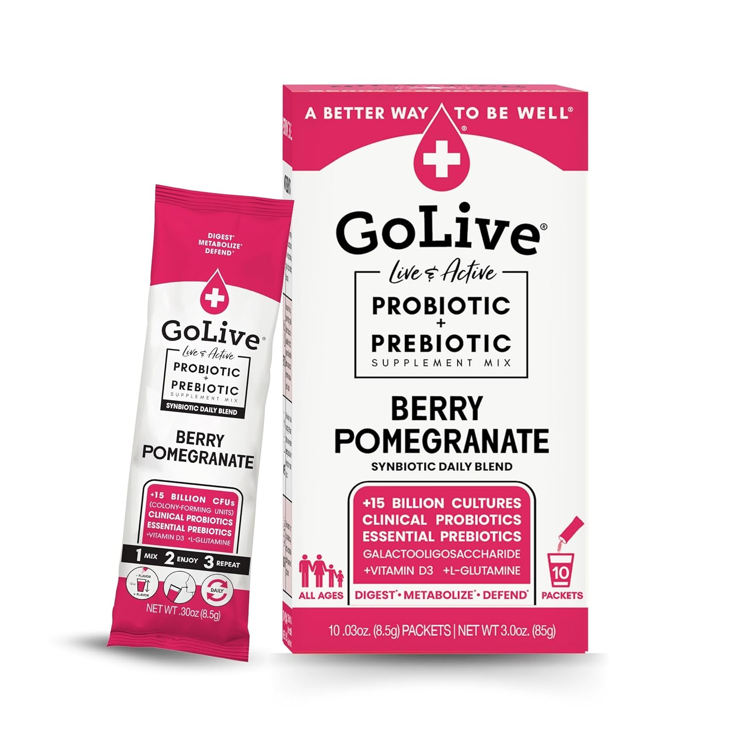 Golive Prebiotic And Probiotic For Women, Men, Kids. Berry Pomegranate Synbiotic Powder W/ L-Glutamine, Vitamin D3, Electrolytes. For Gut Health, Digestion, Metabolism, Immunity 15-50B Cfus
