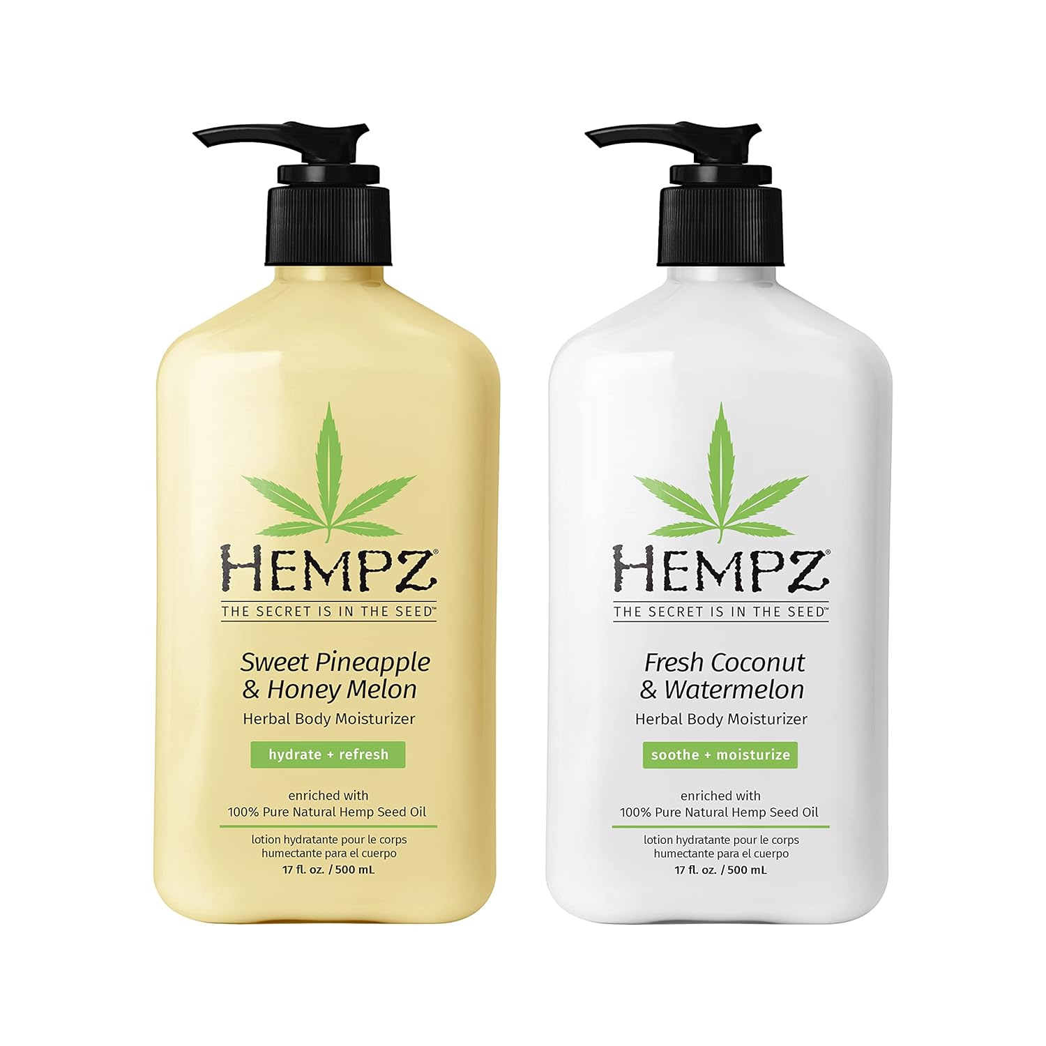 Hempz Body Lotion - Sweet Pineapple & Honey Melon + Coconut & Watermelon Daily Moisturizing Cream, Shea Butter, Aloe - Skin Care Products, Hemp Seed Oil - 17 Fl Oz, 2-Pack Bundle