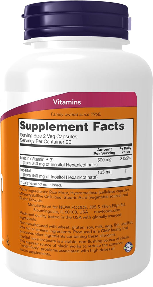 NOW Supplements, Niacin (Vitamin B-3) 250 mg, Flush-Free, Nutritional Health, 180 Veg Capsules
