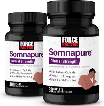 Force Factor Somnapure Clinical Strength, 2-Pack, Sleep Aid for Adults with #1 Doctor-Recommended Sleeping Pill Ingredient Diphenhydramine HCl, Non-Habit-Forming, Nighttime Sleep Support, 60 Caplets