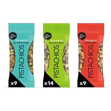 Wonderful Pistachios No Shells, 3 Flavors Mixed Variety Pack Of 32 (0.75 Ounce), Roasted & Salted Nuts (14), Chili Roasted (9), Sea Salt & Vinegar (9), Protein Snacks, Office Snacks, Bulk Snacks