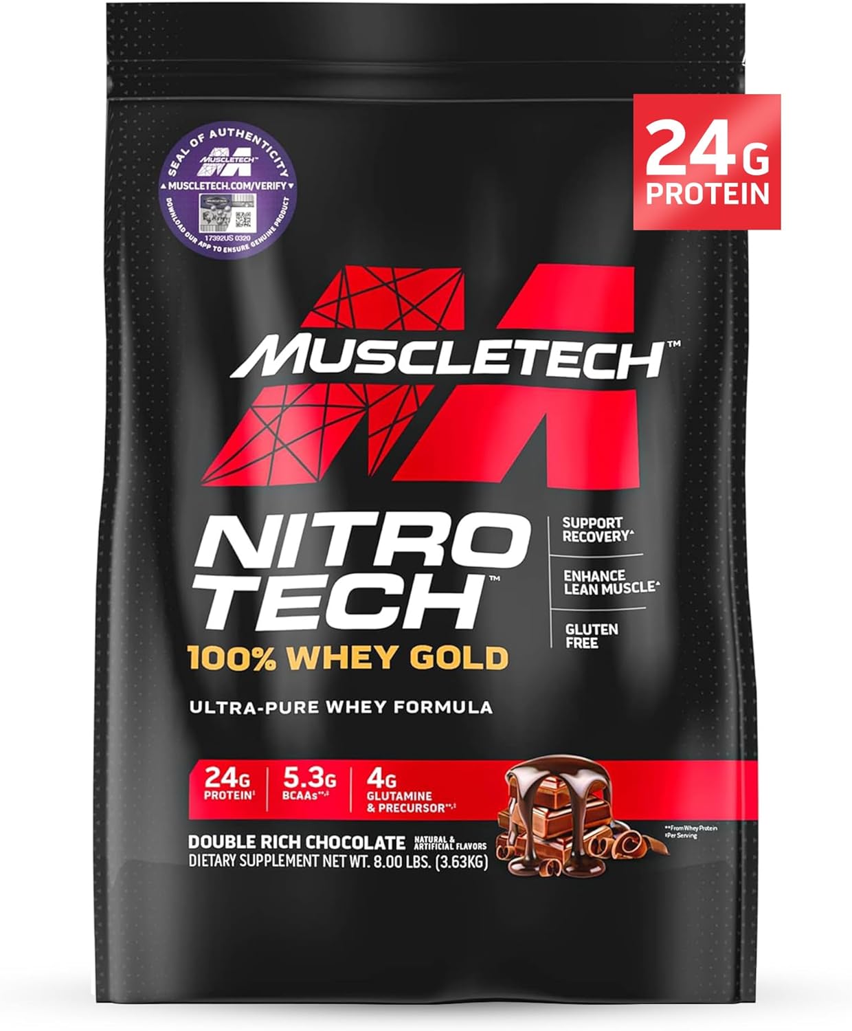 Muscletech Whey Protein Powder (Double Rich Chocolate, 8Lb) - Nitro-Tech Whey Protein Isolate Smoothie Mix For Lean Muscle & Fast Recovery - 24G Of Whey Gold Protein For Women & Men - Gluten-Free