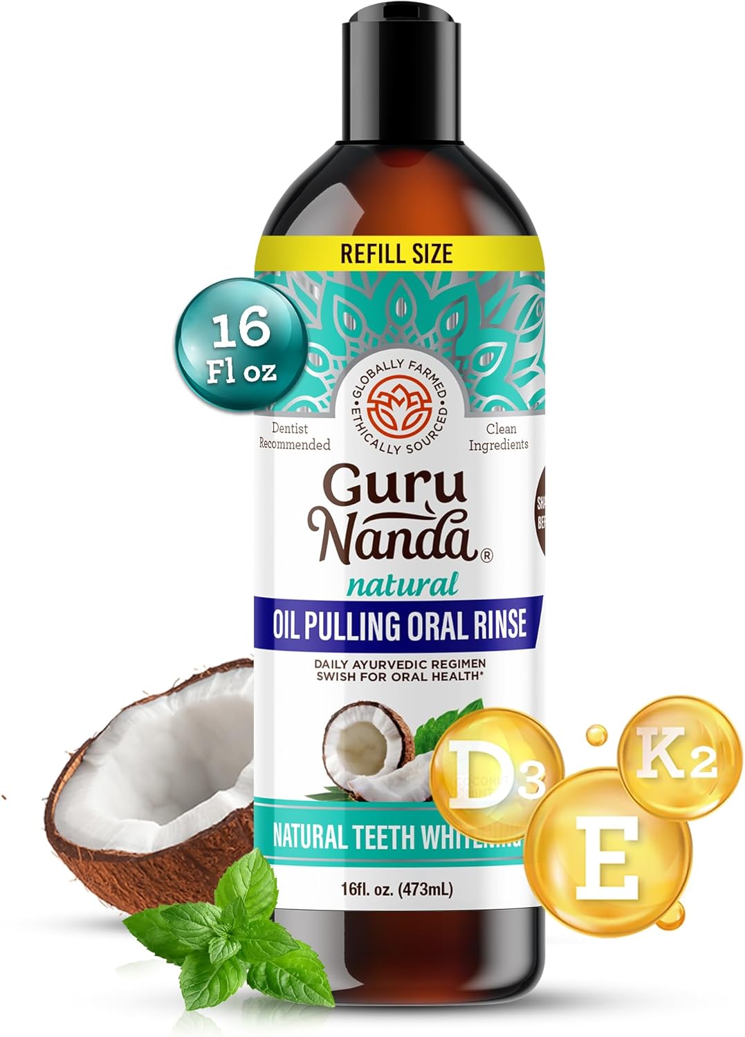 Gurunanda Coconut Oil Pulling With 7 Essential Oils And Vitamin D3, E, K2, Helps With Fresh Breath, Teeth & Gum Health & More - 16 Fl Oz