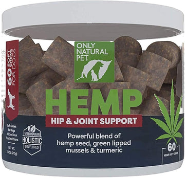 Only Natural Pet Hemp Hip & Joint Support for Dogs - Supplement for Mobility Wellness Pain Relief Healthy Inflammatory & Bone Stiffness - Chews w/Fatty Acid Blend Mussels & Turmeric - 60 Count