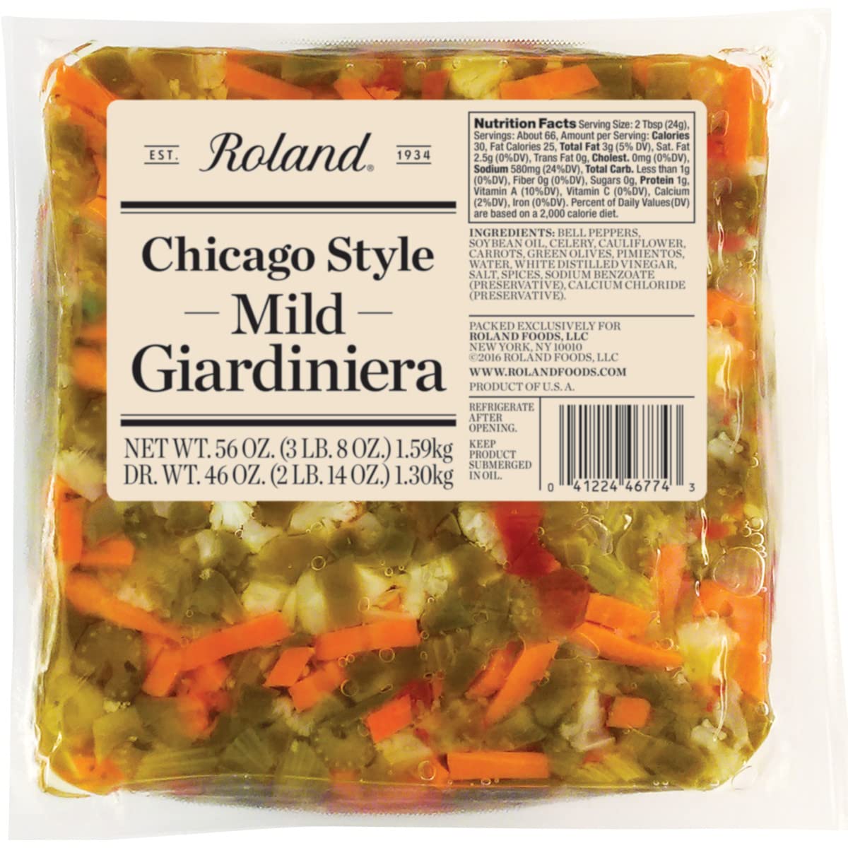 Roland Foods Chicago Style Mild Giardiniera, Italian Pepper Relish, Sourced in the USA, 56-Ounce Pouch