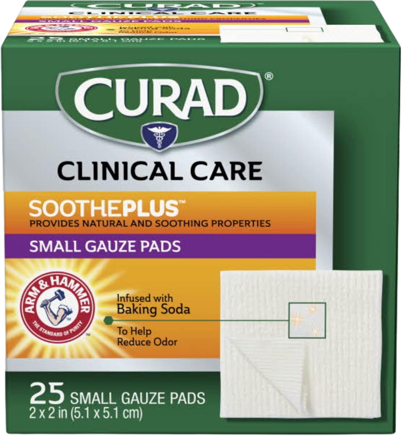 Curad Sootheplus Gauze Pads With Arm & Hammer Baking Soda, 2" X 2", 25 Count, White