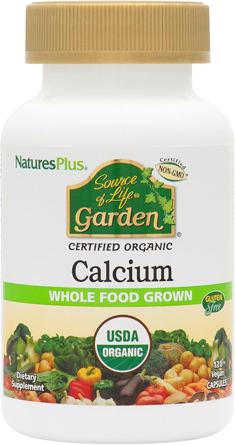 Natures Plus Source Of Life Garden Calcium - 120 Vegan Capsules, Pack Of 2 - Vegetarian, Gluten Free, Certified Organic - 60 Total Servings