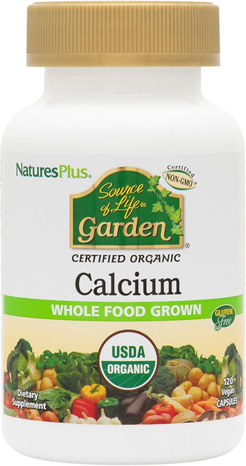 Natures Plus Source Of Life Garden Calcium - 120 Vegan Capsules, Pack Of 2 - Vegetarian, Gluten Free, Certified Organic - 60 Total Servings