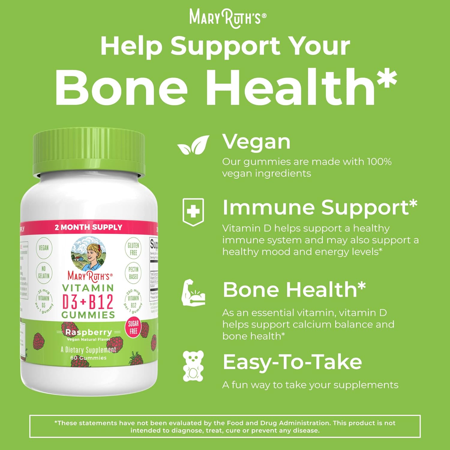 MaryRuth Organics Vitamin D3 + B12 Gummies | Sugar Free | 2 Month Supply | Vitamin D & B12 Vitamin Supplements for Adults & Kids | Supports Bone Health | Energy Boost | Vegan | Non-GMO | 60 Servings