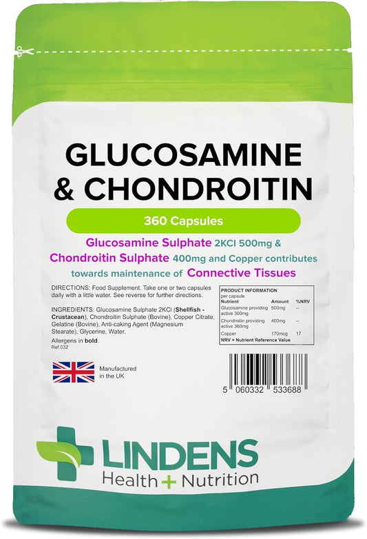 Lindens - Glucosamine & Chondroitin, 360 Capsules (60 X 6 Packs) - Uk Made - Glucosamine Sulphate 2Kcl 500Mg, Chondroitin 400Mg With Copper - Connective Tissue & Joint Support, Letterbox Friendly