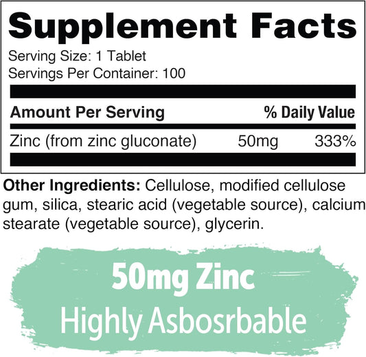 Yuve Natural Vegan Zinc Supplements 50Mg, Immune Support, Fast Relief From Colds And Flu, Acne Free Skin, Healthy Hormone Levels, Non-Gmo, Gluten & Sugar Free - 100 Vegetarian Tablets