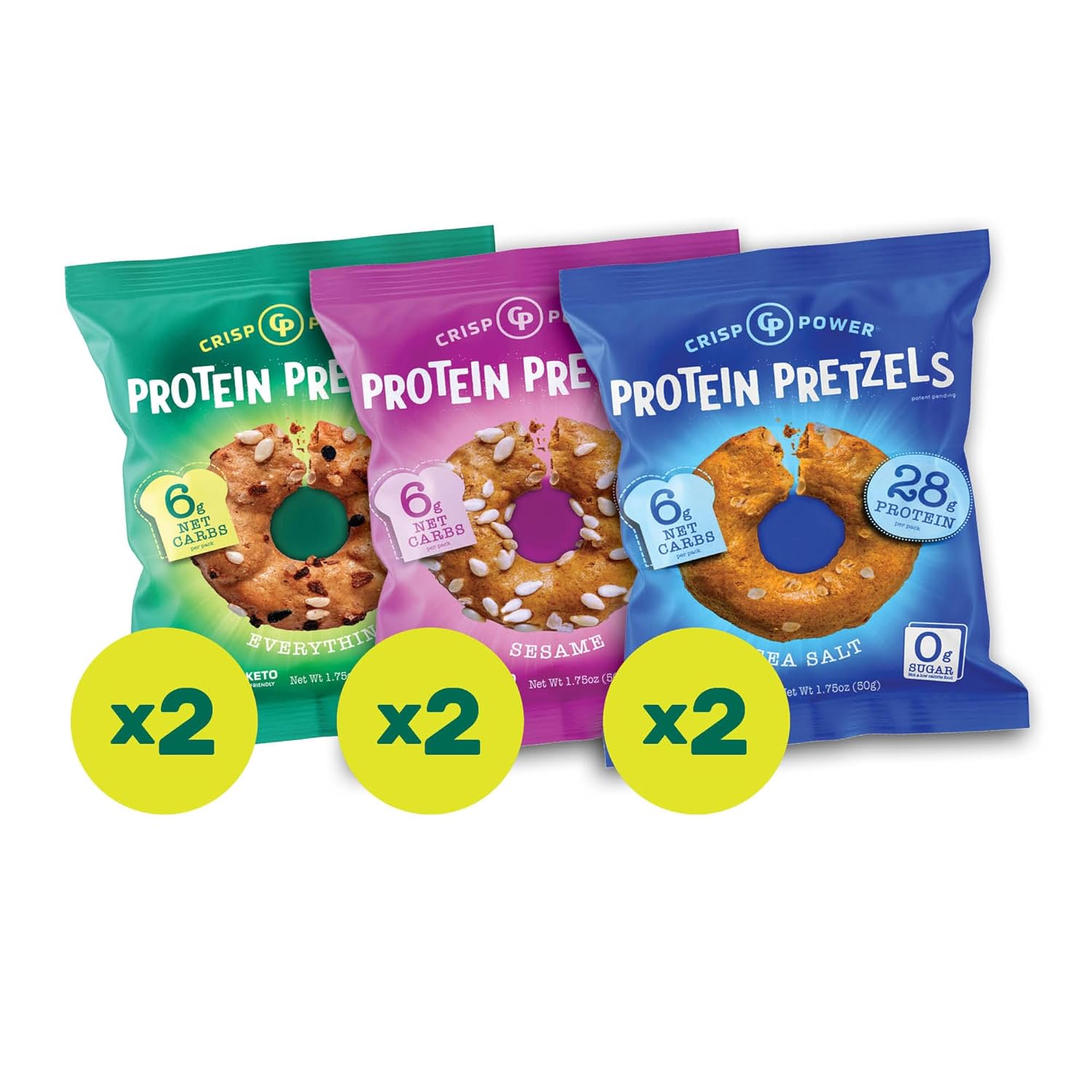 Crisp Power High Protein Pretzel Crisps - 6 Pack X 1.75 Oz Crunchy & Flavorful Plant-Based Snack. No Sugar, 28G Protein Per Pack In 3 Savory Flavors, Vegan, Keto Friendly, Non-Gmo, Kosher Non-Dairy (1.75 Ounce (Pack Of 6), Mix)