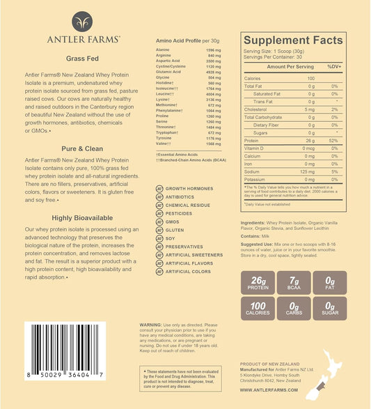 Antler Farms - 100% Grass Fed New Zealand Whey Protein Isolate, Iced Mocha Flavor, 2 Lbs - Pure And Clean, 6 Ingredients, Cold Processed