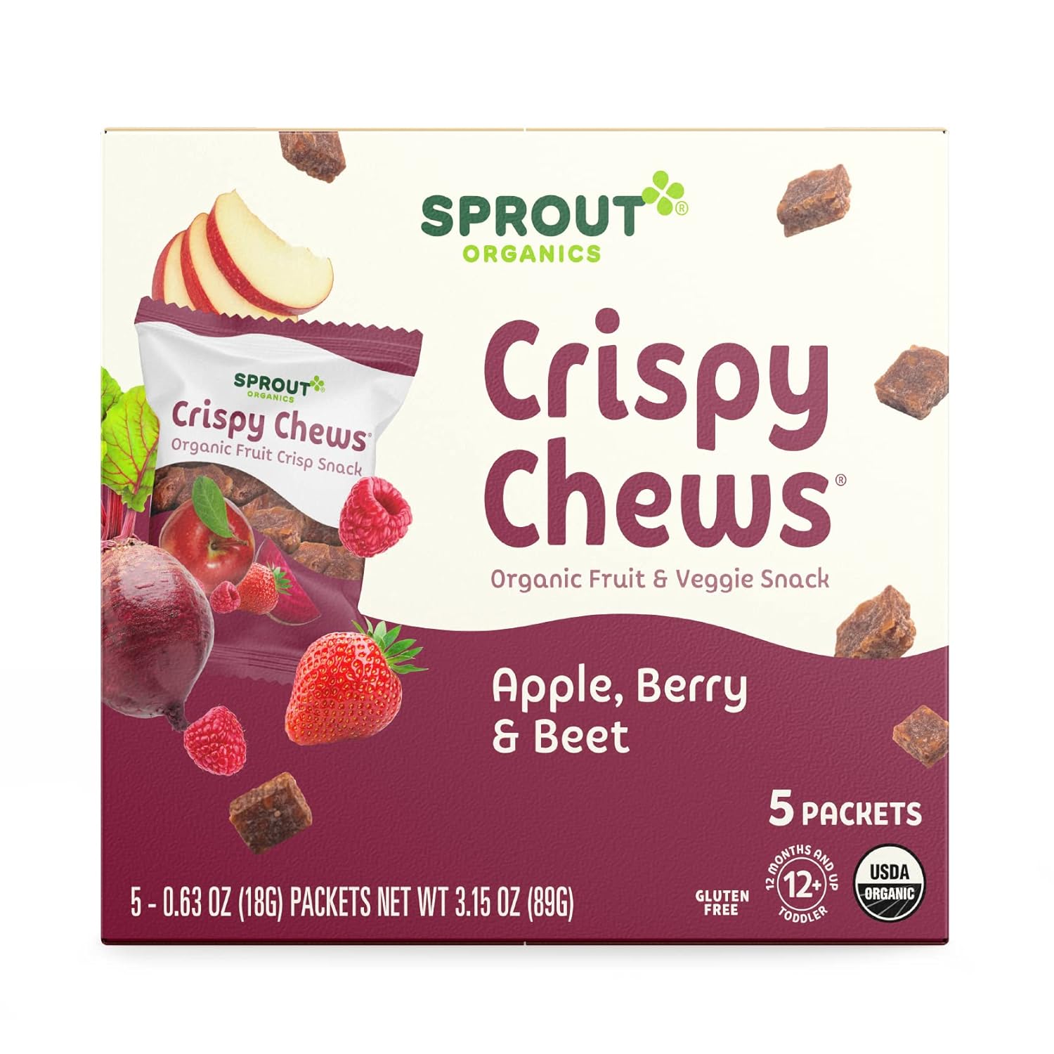 Sprout Organic Baby Food, Stage 4 Toddler Fruit Snacks, Red Fruit Beet & Berry Crispy Chews, 0.63 Oz Single Serve Packs (5 Count)