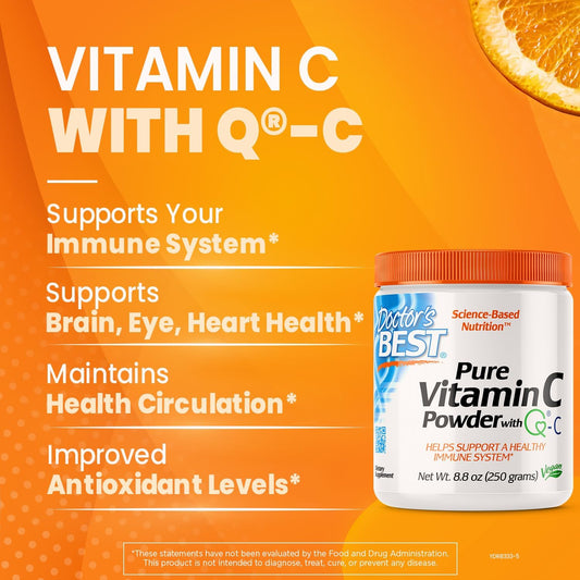 Doctor's Best Vitamin C Powder with Q-C, Healthy Immune System, Brain, Eyes, Heart and Circulation, Joints, Sourced from Scotland, 250G, 8.8 Ounce
