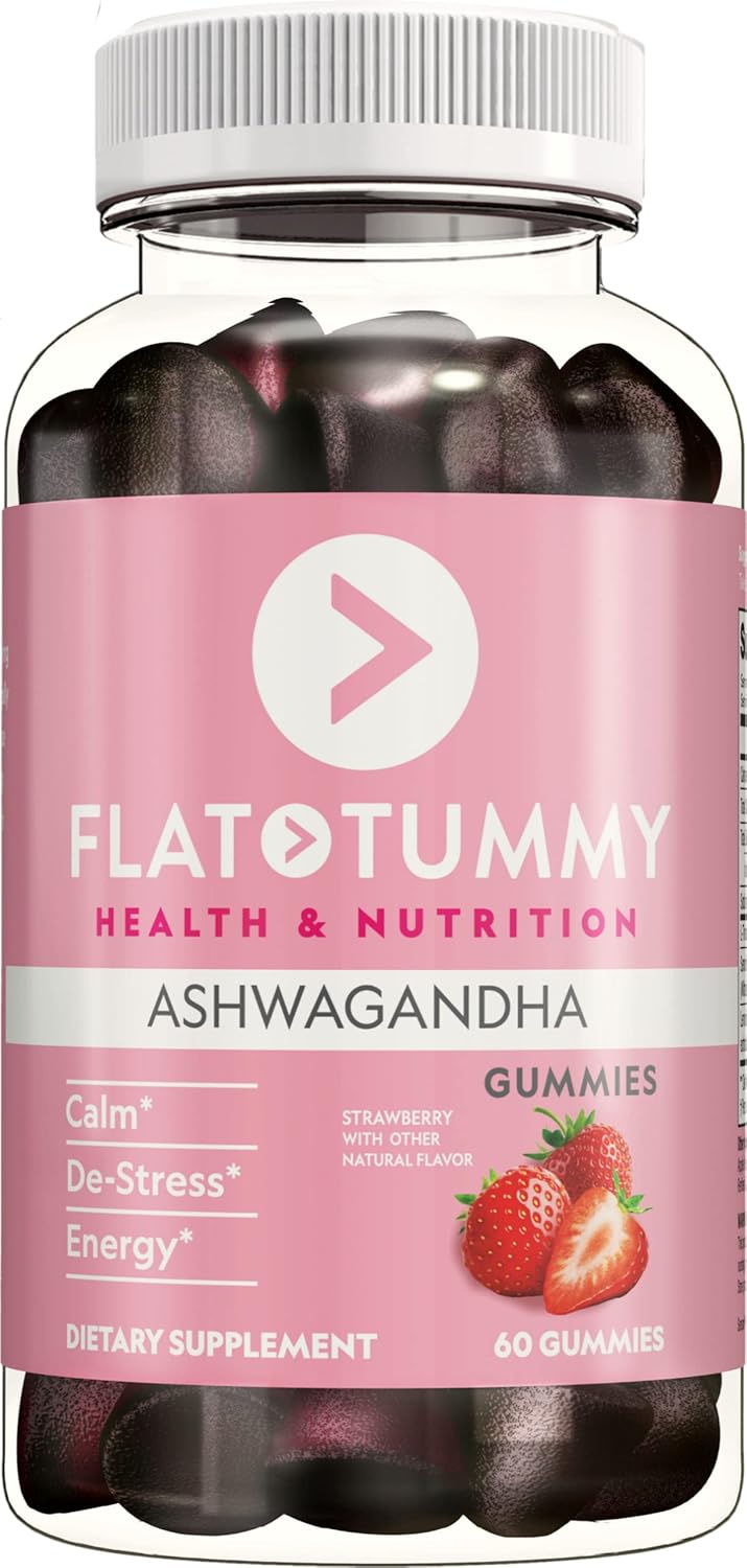 Flat Tummy Tea Ashwagandha Gummies (60 Count) Feat. Lemon Balm - Destress,Calm,Natural Energy Vegan,Gluten-Free,Gelatine-Free Made With Clinically Studied Sensorill® For Stress Management