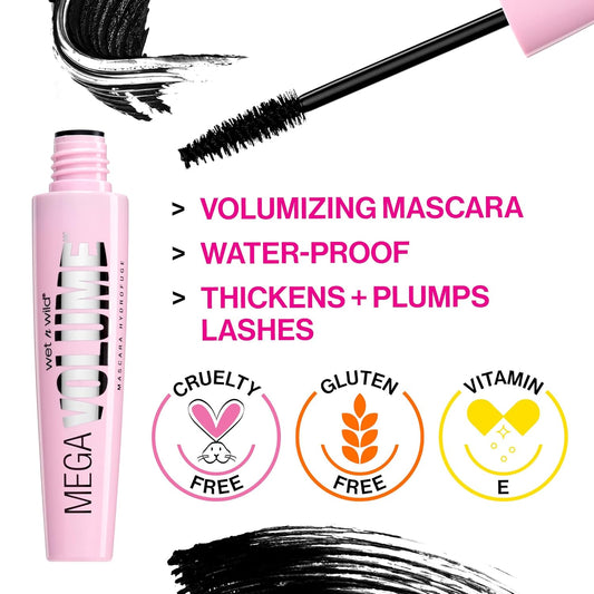 Wet N Wild Mascara Mega Volume - Volumizing, Waterproof, Smudge-Resistant, Cruelty-Free, Gluten-Free, Sulfate-Free & Vegan - Very Black