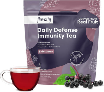 FlavCity Daily Defense Elderberry Immunity Tea with No Added Sugar - Delicious Caffeine-Free Herbal Tea Mix with Acerola Vitamin C & Zinc - Shelf-Stable, Vegan, Keto & Non-GMO (7.4 Oz, 30 Servings)