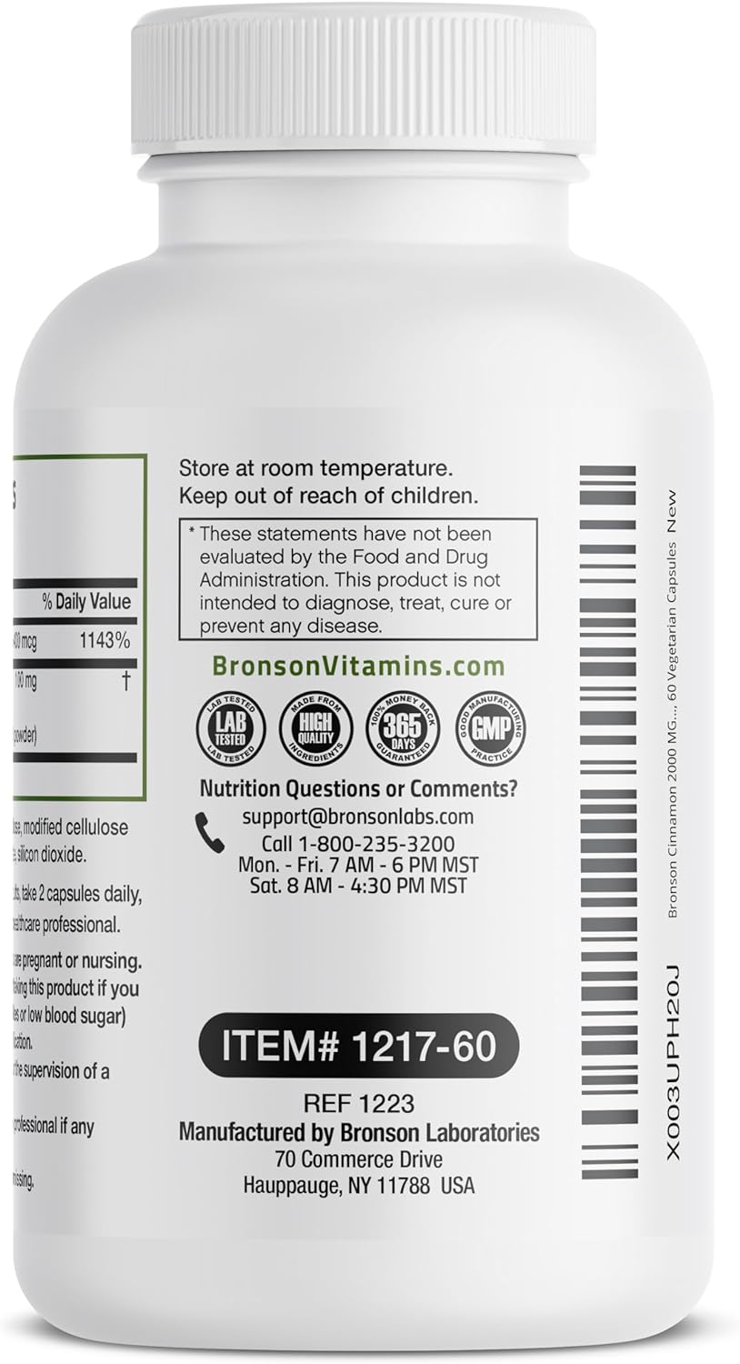 Bronson Cinnamon Plus Chromium Picolinate Supplement, High Potency Chromium, Non-GMO, 60 Vegetarian Capsules : Health & Household