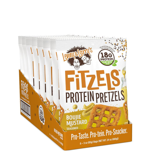 Lenny & Larry's Boujie Mustard FITZELS- Savory Pretzel Snacks Incredibly Tasty, High Protein, Salty, Vegan, Kosher 18 g's of Plant Based Protein 8 (eight) Bags, 3 oz Each