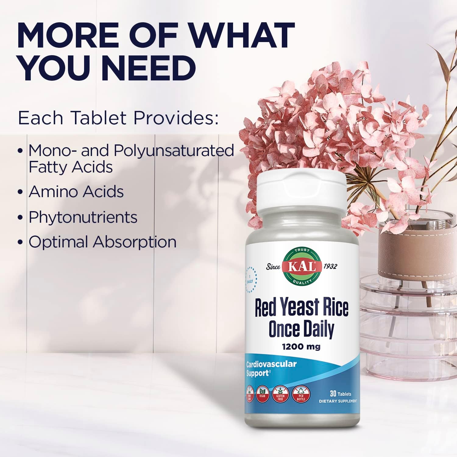 KAL Red Yeast Rice Once Daily 1200mg, Cardiovascular Support* Supplement with Naturally Occurring Unsaturated Fatty Acids, Amino Acids & Phytonutrients, Vegan, Gluten Free, 30 Servings, 30 Tablets : Health & Household