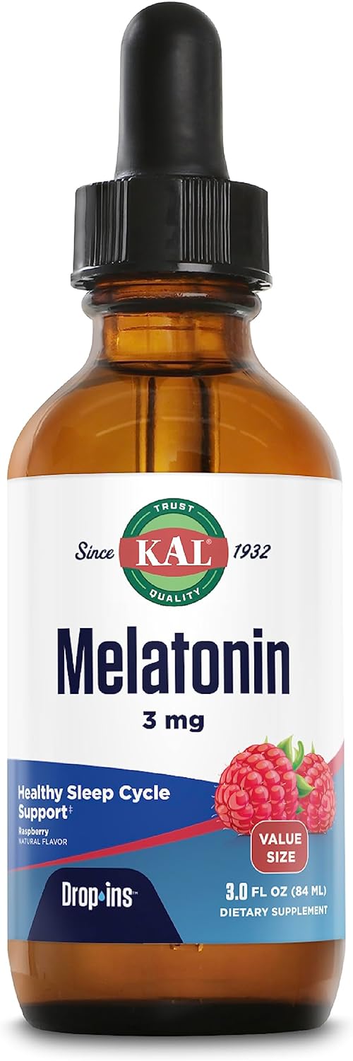 KAL Melatonin 3mg DropIns, Fast Acting Sleep Aid, Melatonin Drops for Calming Relaxation and Healthy Sleep Cycle Support, Natural Raspberry Flavor, 60 Day Guarantee, Approx. 88 Servings, 3 fl oz