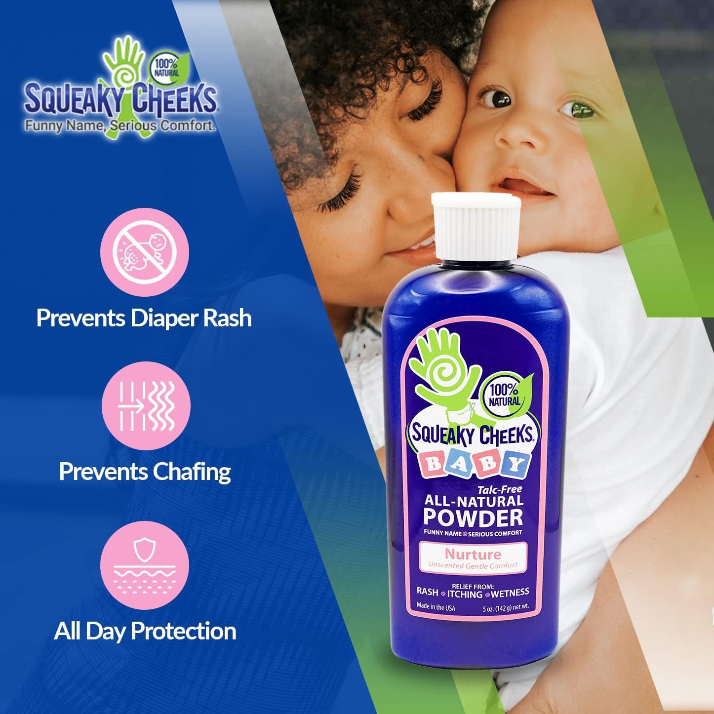 Squeaky Cheeks Baby Powder (5oz) | Organic | Unscented Talc-Free and All Natural Powder | Effective Relief from Rash Wetness and Itching | Also Ideal for Adults : Baby