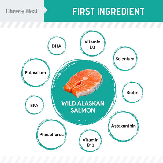 Chew + Heal Labs Probiotic Salmon Jerky Dog Treats - 12 Oz Of Salmon Jerky For Digestive Health - Made With Wild Alaskan Salmon, Apples, Pumpkin, Pea Protein, And More - Made In The Usa