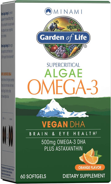 Garden of Life Minami Algae Omega 3 Vegan DHA for Brain and Eye Health - Orange avor, 500mg Plant Based DHA Omega-3 Vegan Algae Oil Plus Astaxanthin, No Aftertaste, 60 Easy-to-Swallow Mini Softgels