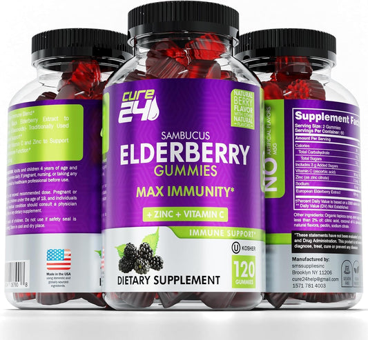 Sambucus Elderberry Gummies + Vitamin C + Zinc For Kids & Adults, X3 Immune Support, Natural Flavors + Ingredients, Vegan, Non-Gmo, Made In Usa (120)