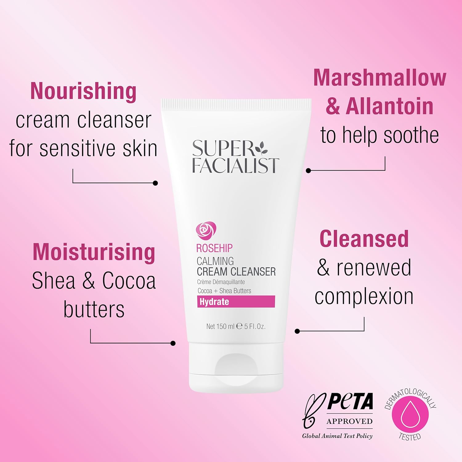Super Facialist Hydrate Calming Creamy Cleanser- Ultra-Gentle Cleanser & Makeup Remover With Shea Butter, Cocoa Butter & Vitamin B 5 For Sensitive Skin, Hydrating & Vegan Friendly, 150Ml