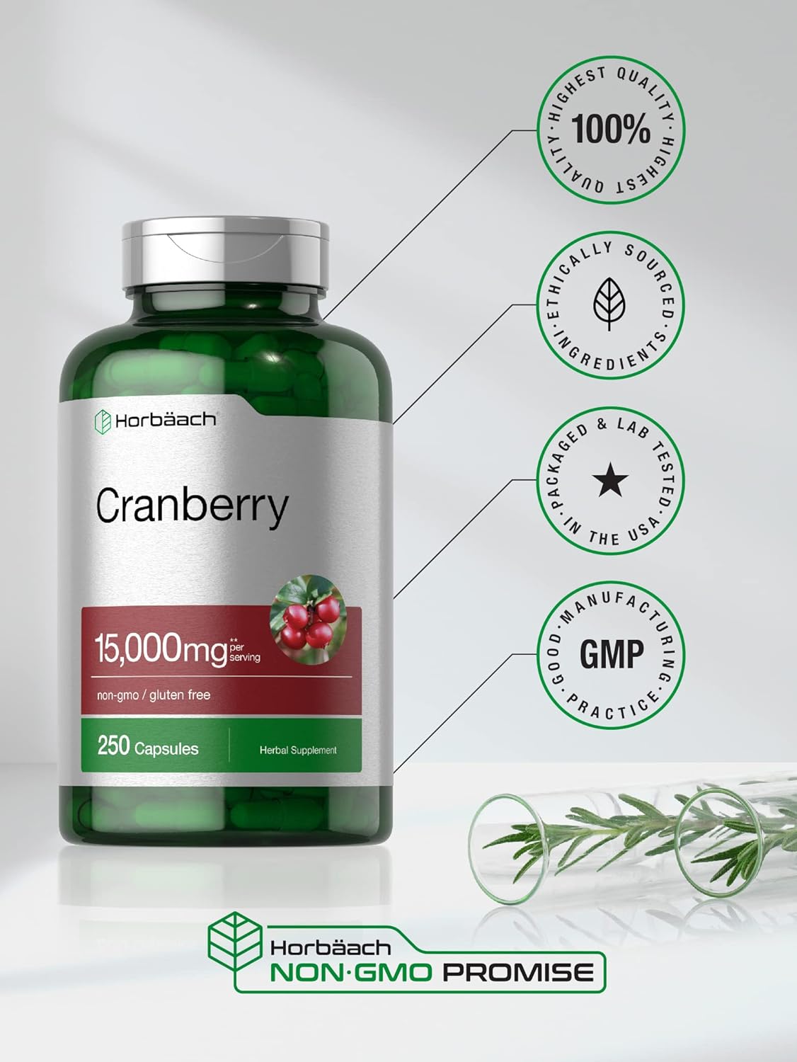 Horbäach Cranberry Pills + Vitamin C | 15,000mg | 250 Capsules | Non-GMO and Gluten Free Supplement from Concentrate Extract : Health & Household