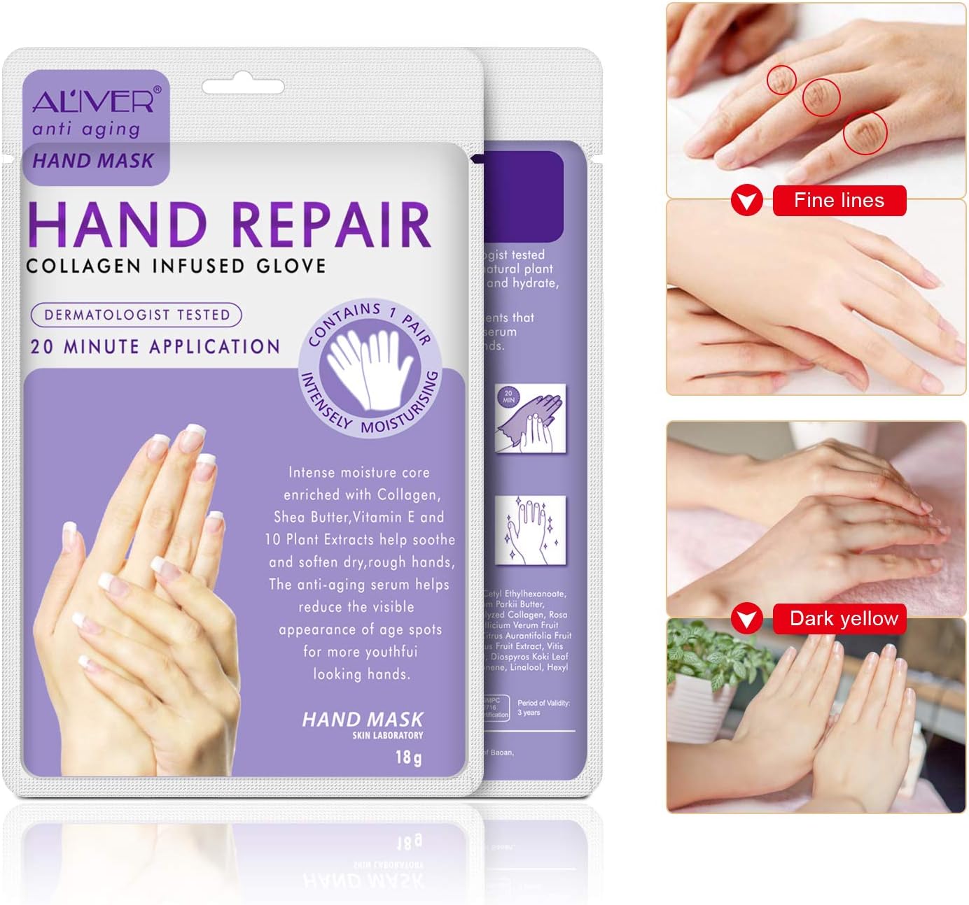 3 Pairs Hands Mask Moisturizing Gloves, Hand Skin Repair Renew Mask Infused Collagen, Vitamins + Natural Plant Extracts for Dry, Aging, Cracked Hands