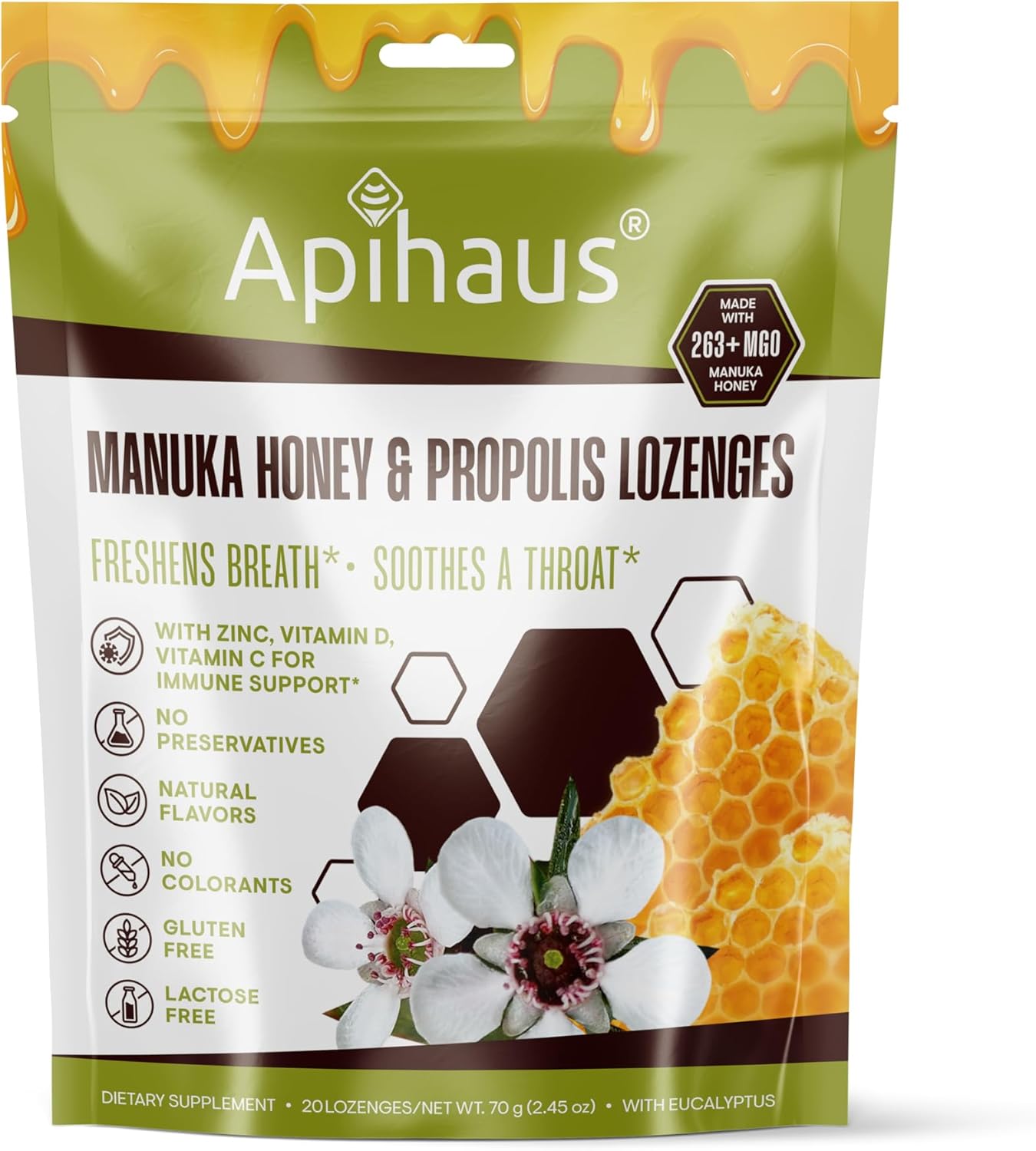Manuka Honey And Propolis Lozenges Eucalyptus Flavor, Freshens Breath - Soothes A Throat- Immune Support With Vitamin C, Vitamin D And Zinc, 20 Count