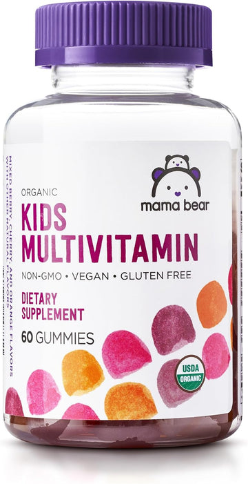 Mama Bear Organic Kids Multivitamin, 60 Gummies, 1 Month Supply (Packaging May Vary), Berry, Cherry & Orange