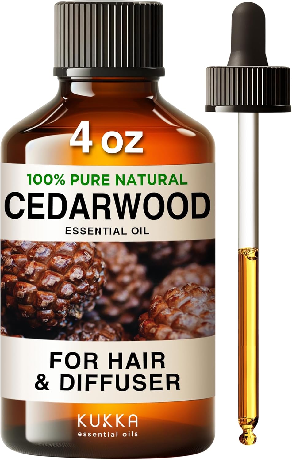 Kukka Cedarwood Essential Oil For Hair Skin & Diffuser - 100% Natural Essential Oil Cedarwood Oil For Hair Aromatherapy Soap Making Scent (4 Fl Oz)