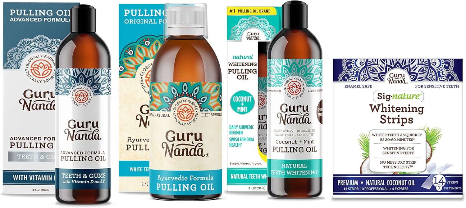 Gurunanda Advanced Formula Oil Pulling With Tongue Scraper, Original Oil Pulling, Mickey D’S Coconut And Peppermint Oil Pulling & Express Whitening Strips- For Fresh Breath & Healthy Teeth & Gums