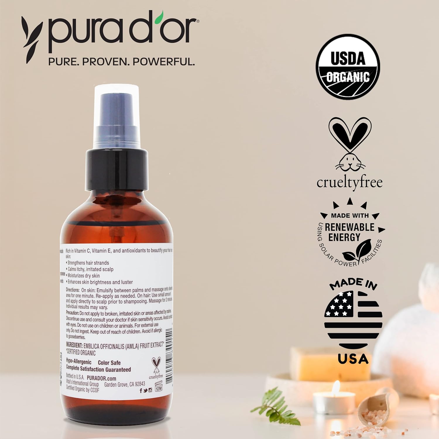 PURA D'OR 4 Oz ORGANIC Amla Oil, 100% Pure USDA Certified Premium Grade Oil, Cold Pressed, Unrefined, Extra Virgin, Indian Hair Care Oil, Hair Serum & Thickening Hair Product w/Pump for Women & Men : Beauty & Personal Care