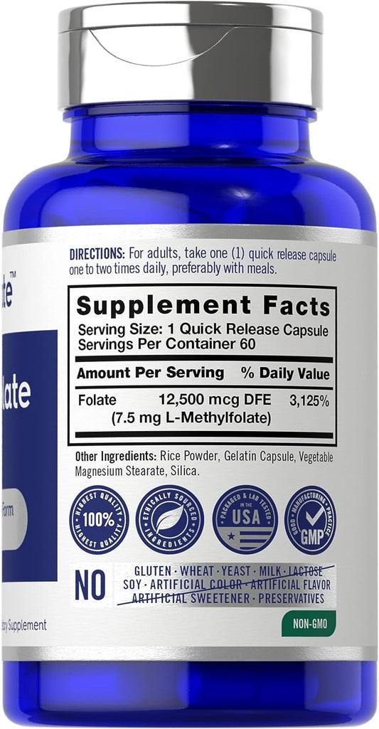 Carlyle L Methylfolate 7.5 mg | 60 Capsules | Optimized and Activated | Non-GMO, Gluten Free | Methyl Folate, 5-MTHF | by Opti-Folate