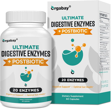 Orgabay Digestive Enzymes 1000mg with Postbiotics, 20 Enzyme Blend for Bloating, Optimal Digestion and Gut Function, 60 Veggie Capsules