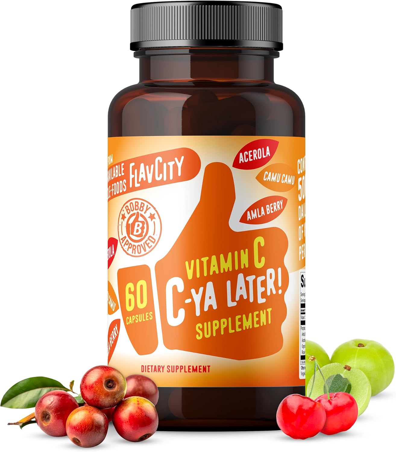 Flavcity Vitamin C Supplement, C-Ya Later- Dietary Supplement For Immune Support Derived From Bioavailable Sources Of Vit C - Made With Acerola, Camu Camu & Amla Berry - 60 Capsules