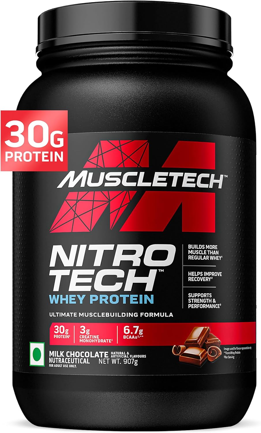 Muscletech Whey Protein Powder (Milk Chocolate, 2.2 Pound) - Nitro-Tech Muscle Building Formula With Whey Protein Isolate & Peptides - 30G Of Protein, 3G Of Creatine & 6.6G Of Bcaa