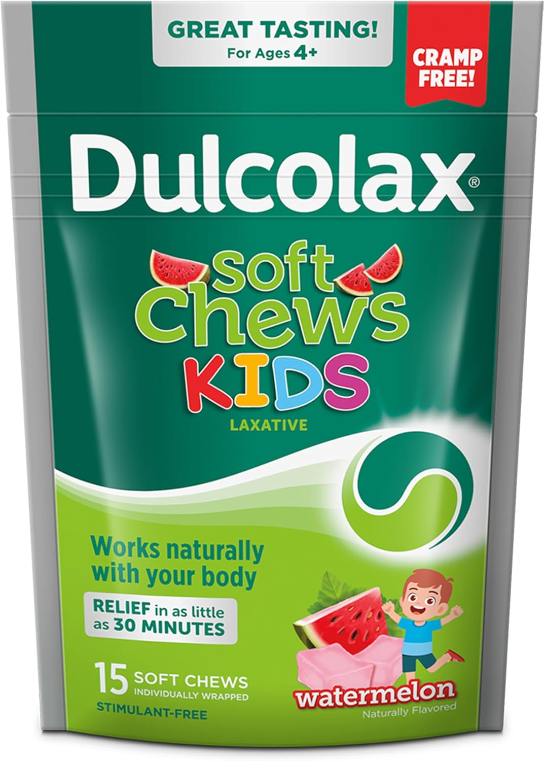 Dulcolax Kids Saline Laxative Soft Chews, Gentle Constipation Relief For Kids, Watermelon Flavor, Magnesium Hydroxide 1200 Mg, 15 Count