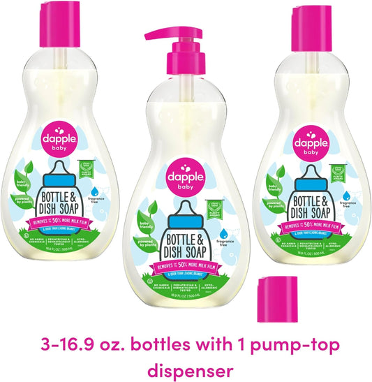 Dapple Baby, Bottle and Dish Soap Dish Liquid Plant Based Hypoallergenic 1 Pump Included, Packaging May Vary, Fragrance Free, 16.9 Fl Oz (Pack of 3)