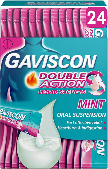 Gaviscon Double Action Sachets, Mint, 24 X 10Ml, Heartburn Relief, Acid Reflux, Indigestion Liquid Gerd, Gastro Resistant, Gets To Work Instantly, Lasts 2X Longer, Antacids, Digestion And Nausea