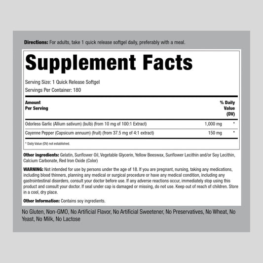 Piping Rock Garlic and Cayenne Supplements | 180 Softgels | Odorless Garlic Extract 1000mg | Non-GMO, Gluten Free