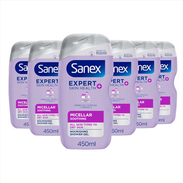 Sanex Expert Skin Health+ Micellar Soothing Shower Gel 450Ml X 6, For Dry Skin, Body Wash For Men & Women, Nourishes Skin, Soothes Skin Tightness, 12 Hour Hydration, Prebiotic & Postbiotic Complex