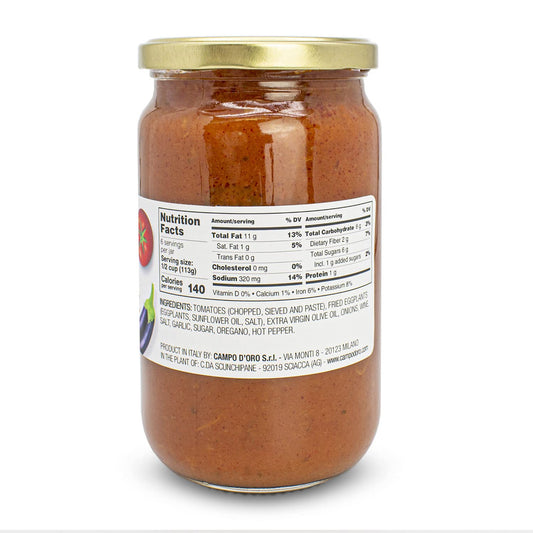 Italian Tomato Sauce With Eggplant, Made With Extra Virgin Olive Oil And Eggplants. 100% Natural, Italian, Jar 24Oz (680G). Non-Gmo, Gluten Free, By Campo D'Oro